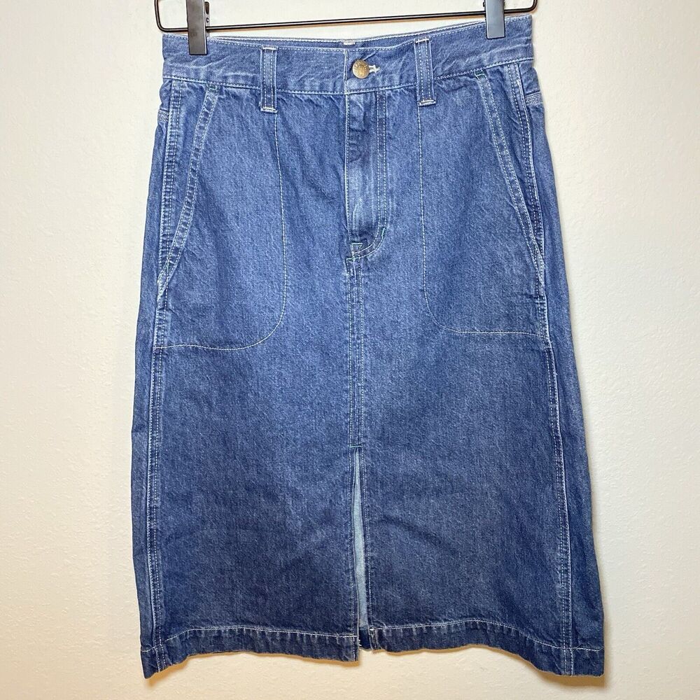 Madewell Size 25 Denim Mid Rise Midi Skirt Black Dark Wash Jean Front Slit NB887